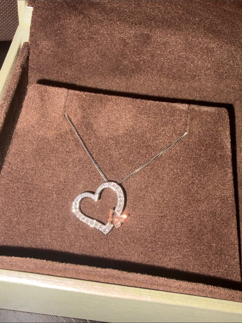 Heart Pendant Necklace with Butterfly Accent - Silver and Rose Gold